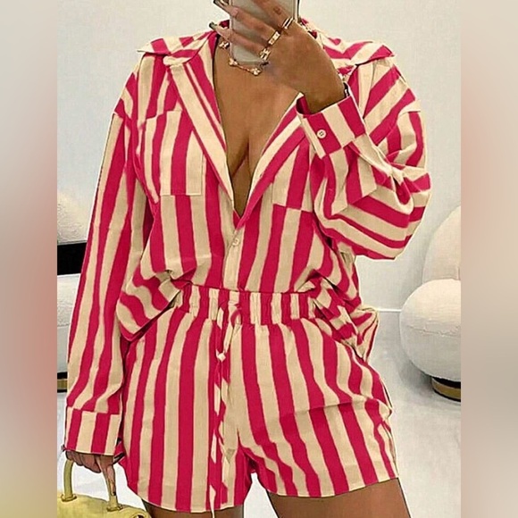 🔥 Bold & Chic Striped Button-Up Shirt & Shorts Set – Size Large! 🔥 - Picture 2 of 3
